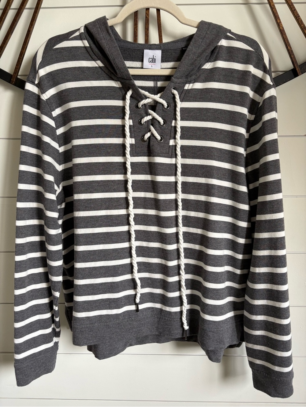 CAbi Nautical Inspired Gray & White Striped Hoodie - Soft French Terry Knit (L) - Picture 13 of 14